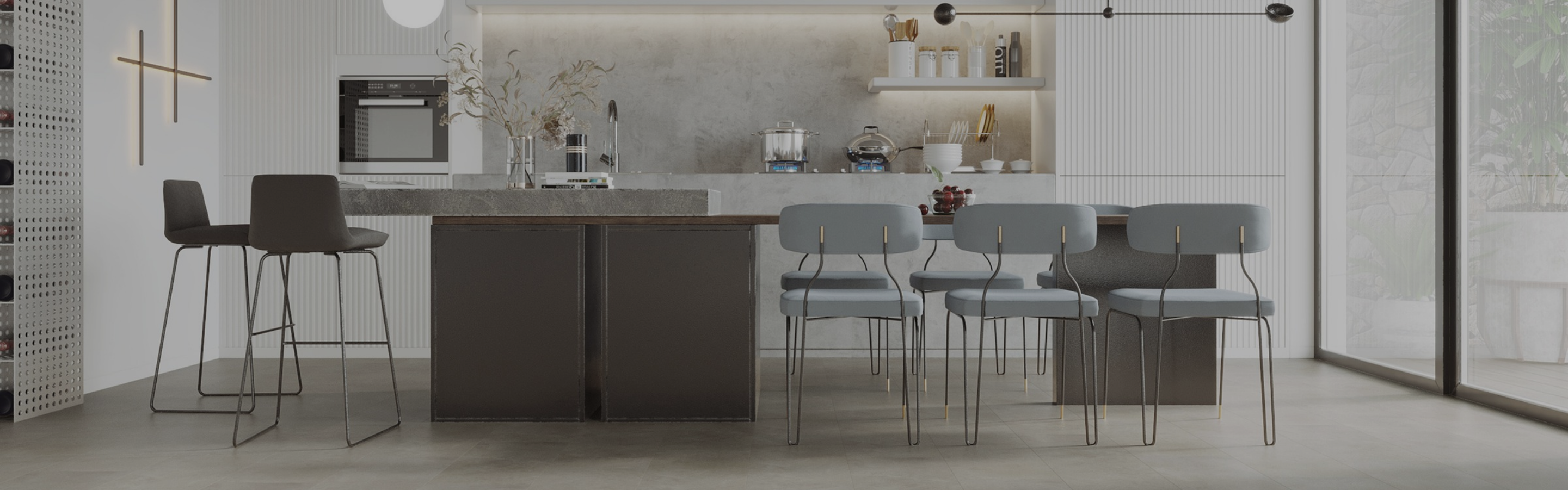 Modern kitchen with gray tile flooring and backsplash