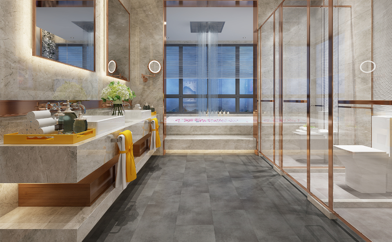 Gray tile flooring in a modern bathroom