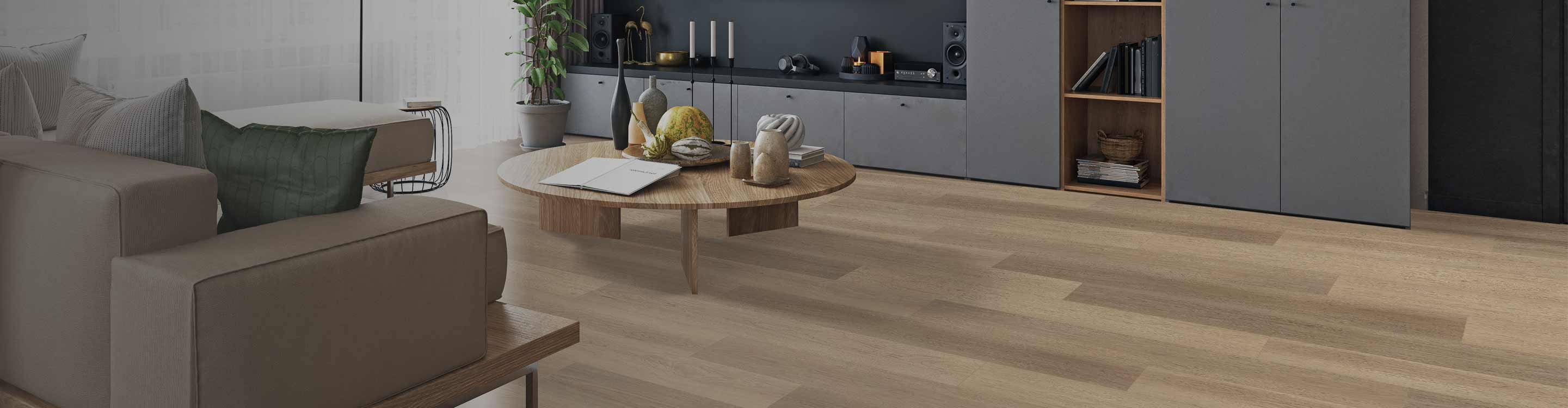 Wood look waterproof laminate floors with wooden coffee table in living area