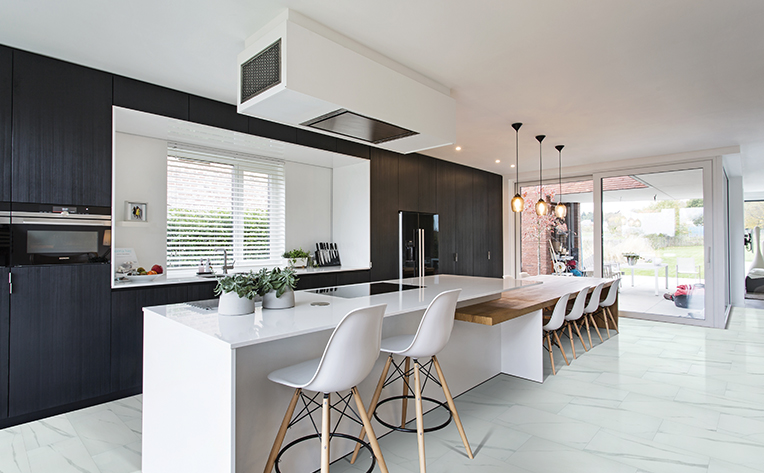 white oversized tile in kitchen with island
